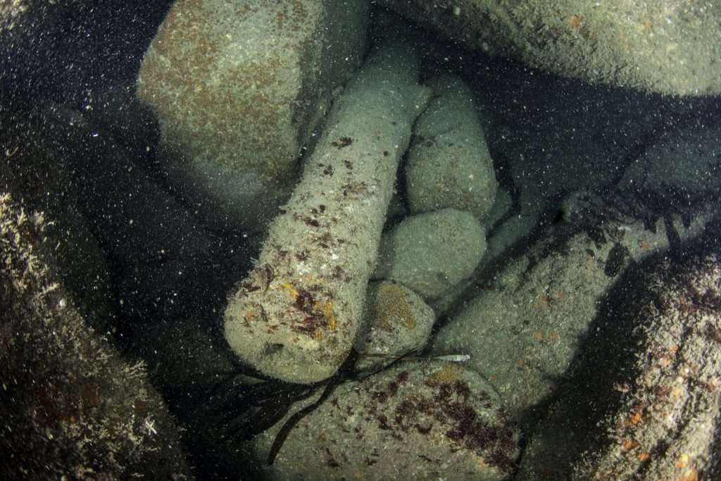 Muzzle end of an iron cannon protruding from beneath a large rock on the seabed