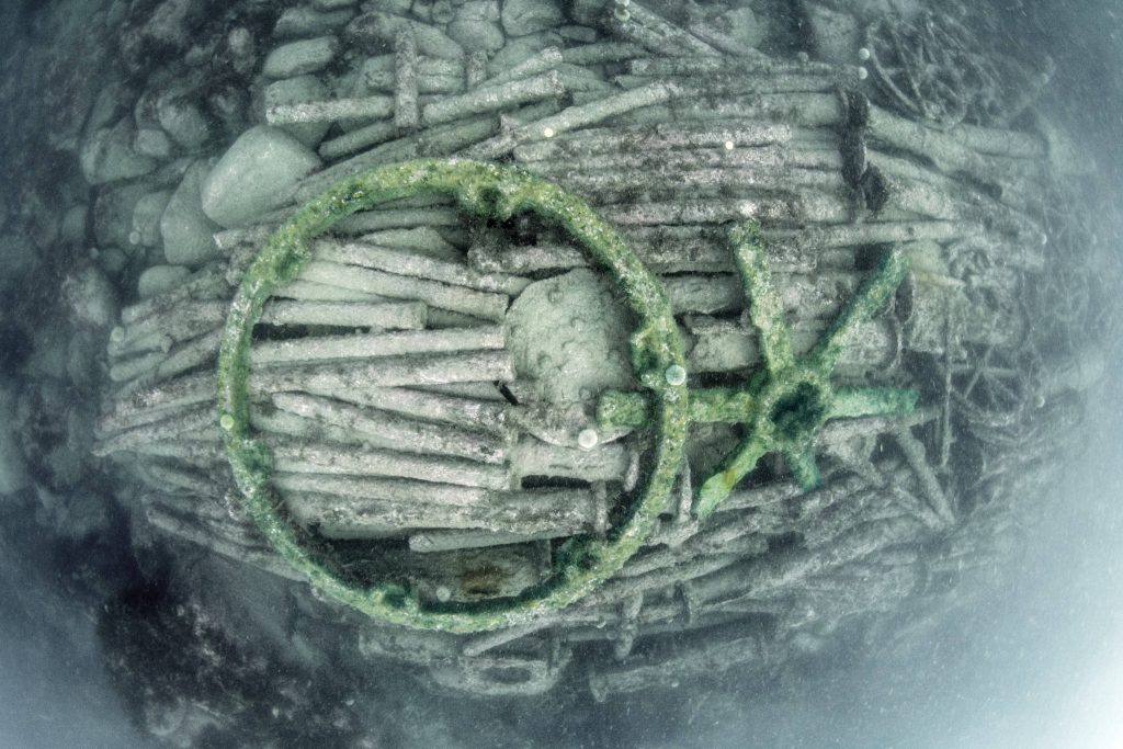 Overhead photo of the cargo mound highlighting the large wheel and the separate spokes 