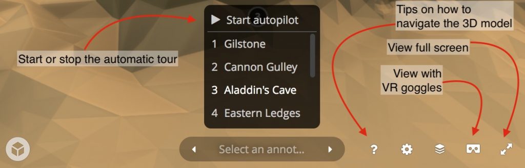 Annotated image showing controls from the Sketchfab viewer