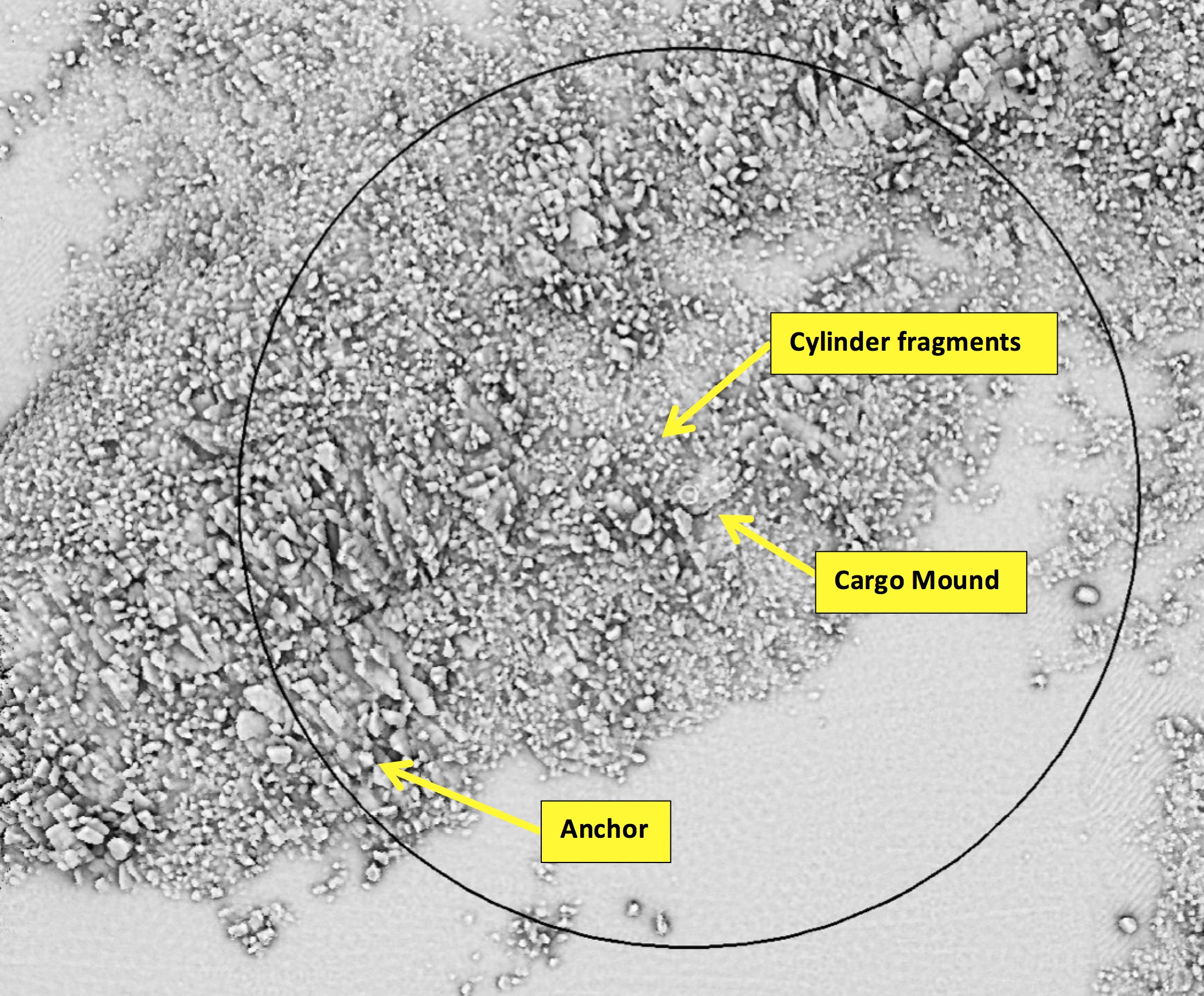 Annotated greyscale image created from multibeam survey data. It has been shaded to show the boulders and areas of sand on the seabed to show the context of the Wheel Wreck nestled amongst the boulders.