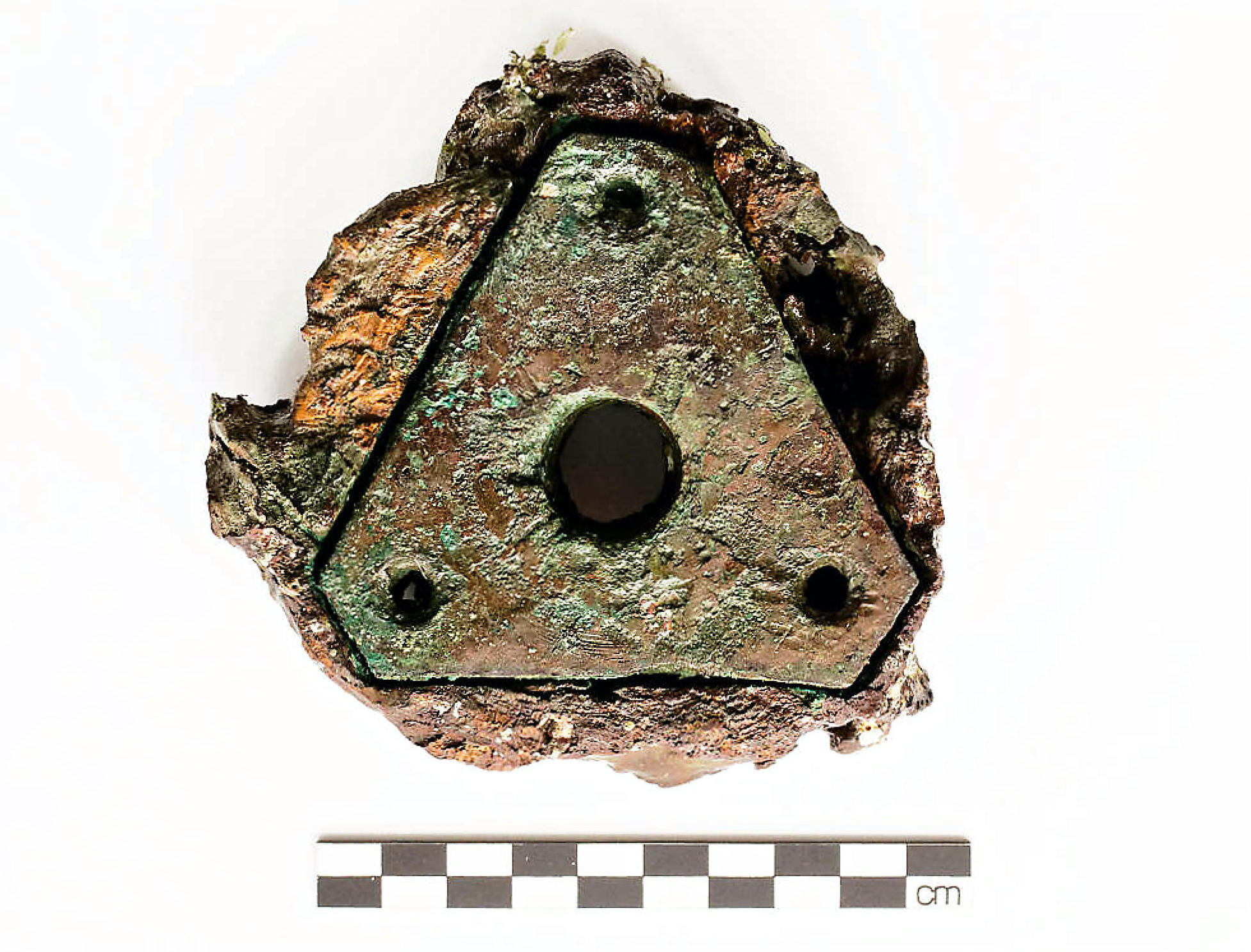 Photo of the conserved remains of wood sheave with copper-alloy coak (F21). The coak is countersunk into the surface of the remains of the wooden sheave. The coak has a green and brown colour, roughly triangular in shape, but with each point cut off, giving it three long sides and three short sides. A large hole runs through the middle of the object, with three smaller holes at each flattened point. The brown remains of wood sheave cling to the metal of the coak. A black and white centimetre scale is included to indicate a rough width of 10cm.