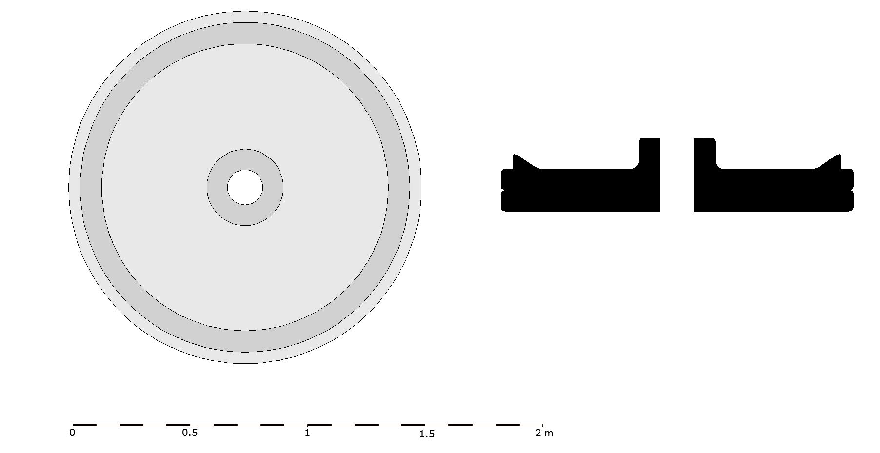Reconstruction drawing and section of (SW2) – a small circular iron object partly buried under the cargo mound. A scale is included in the image to indicate its original size of about 1.5m.