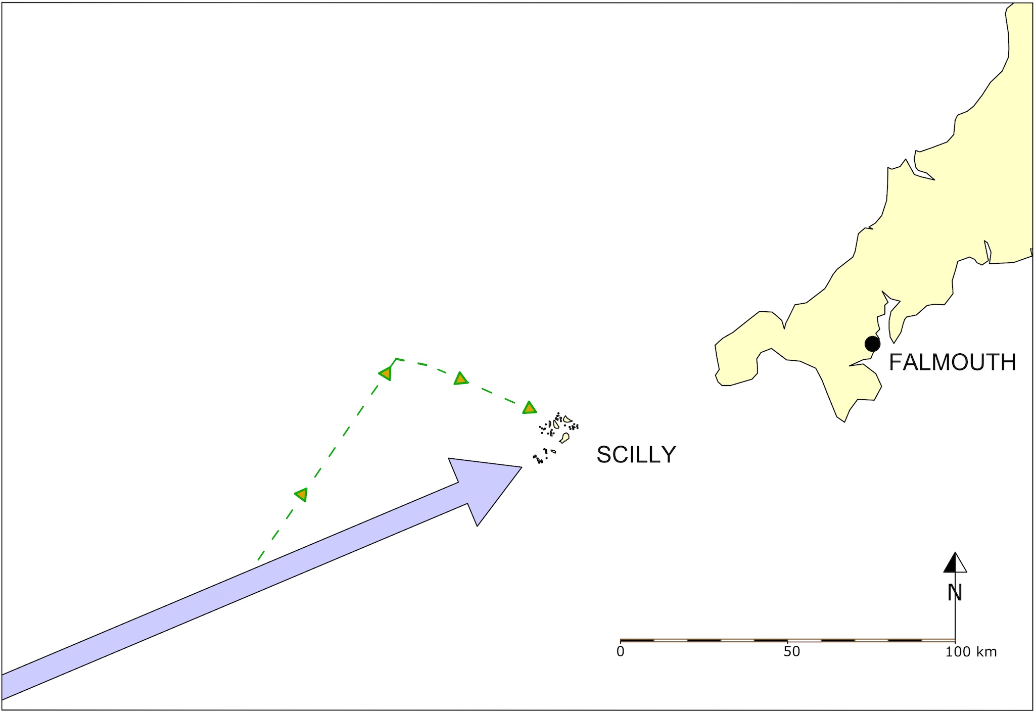 Map of the Isles of Scilly in relation to the Cornish mainland. Arrows on the map indicate the navigational errors - essentially that they thought they were further east than they were.