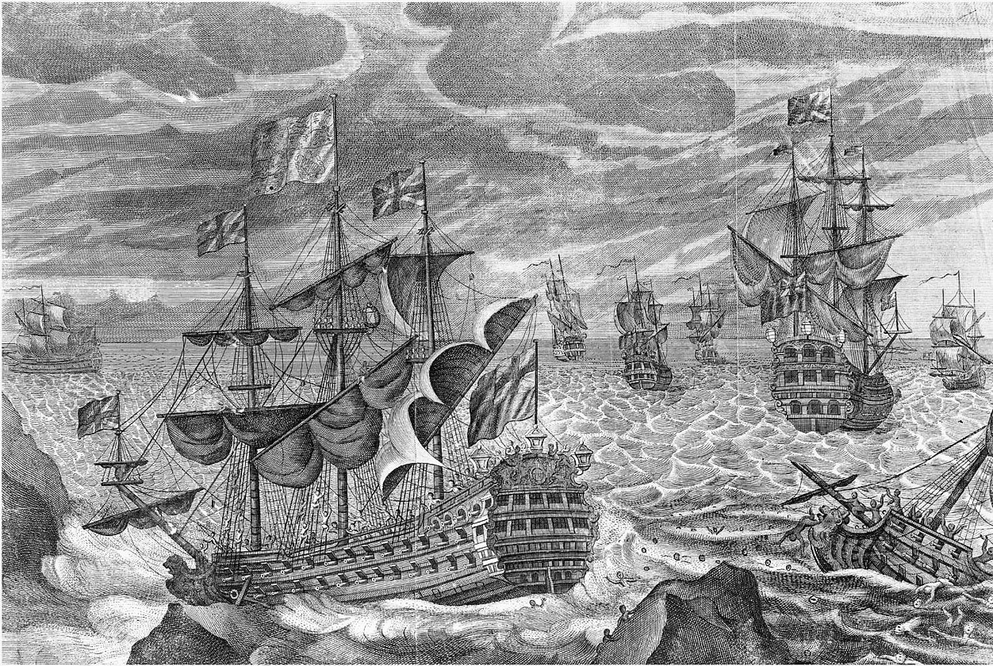 Black and white engraving of a maritime scene showing Sir Cloudesley Shovell’s fleet amongst the Western Rocks by the Isles of Scilly. One ship is sinking and people can be seen floating in the sea and clinging to rocks.